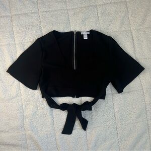 Black Tie-Front Crop Blouse